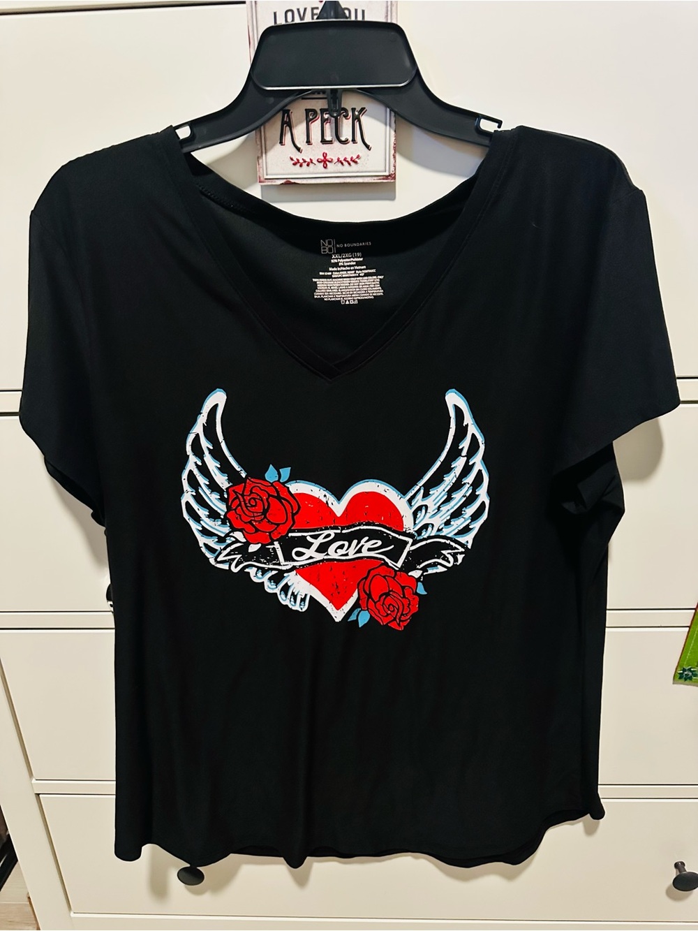 Black Tee with Red Heart & Wings Graphic - LOVE- Women's V-Neck